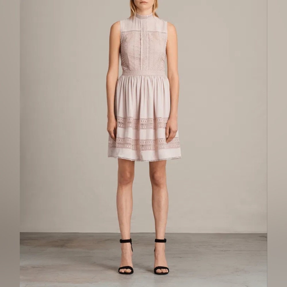All Saints Pale Pink Lace-Trim Mini Dress